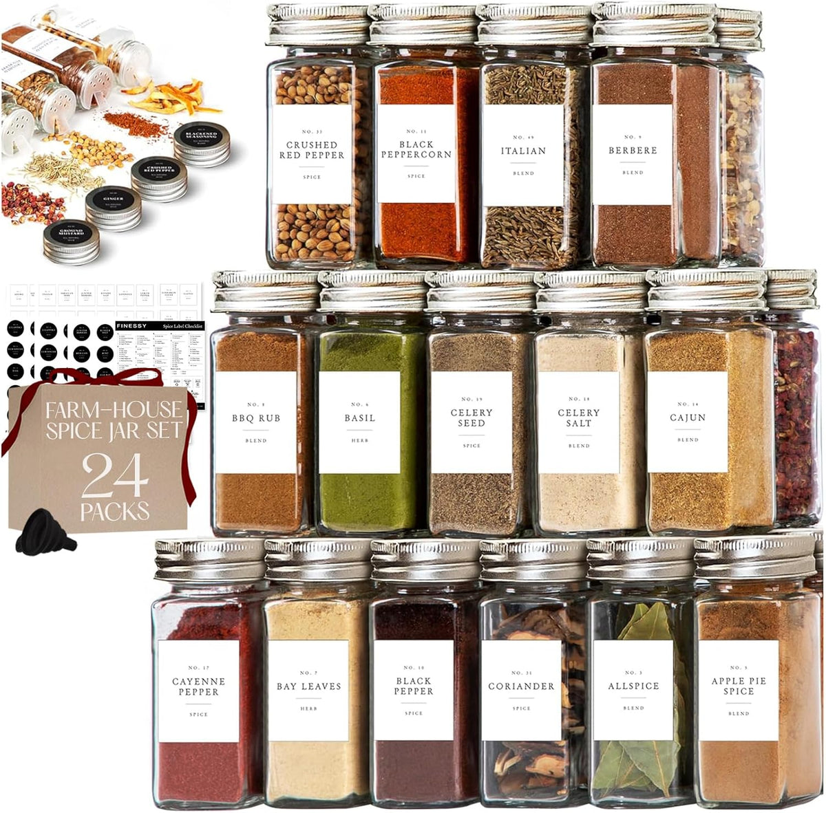 Thick Glass Spice Jars With Labels, Airtight Metal Lids 4oz 24 Pack