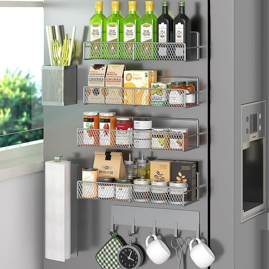 Magnetic Spice Rack for Refrigerator, 7 Pack 100% Metal Strong Magnet Shelves, Kitchen Spice Organizer W/ Hook Rack, Paper Towel Holder