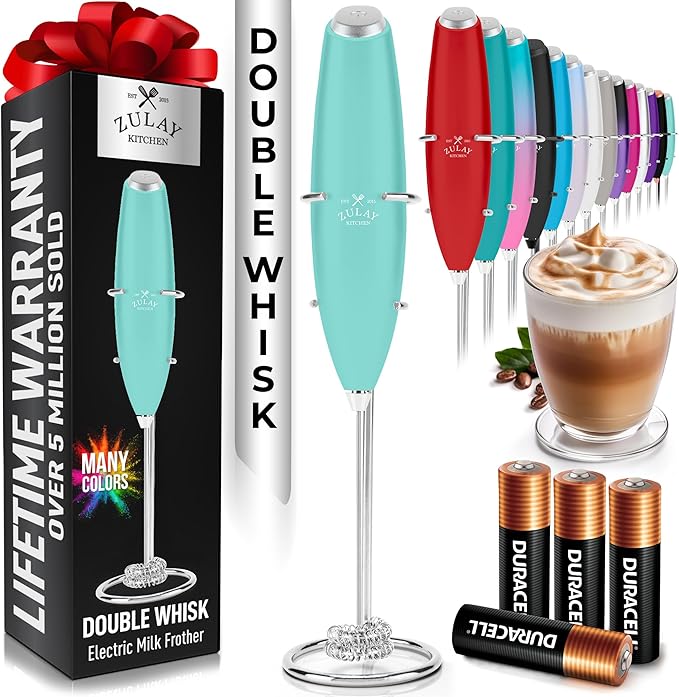 Zulay Kitchen Powerful Milk Frother Wand With Duracell Batteries - Ultra Fast Handheld Drink Mixer - Electric Whisk Foam Maker for Coffee, Lattes, Cappuccino & Matcha - Double Whisk - Fresh Mint