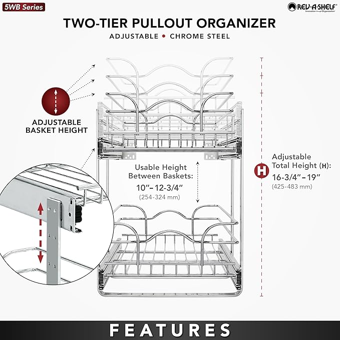 Rev-A-Shelf 2-Tier Pullout Shelf and Drawer Organizer for Kitchen Cabinets, Slide Out Storage Basket, Min Opening Width of 11.5", 12" x 22", 5WB2-1222CR-1