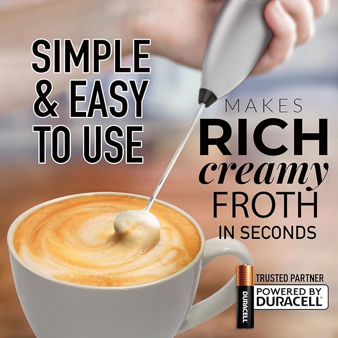 Zulay Kitchen Handheld Milk Frother with Duracell AA Batteries – Ultra Fast Electric Mixer & Foam Maker, Easy-Clean Drink Mixer for Coffee & More - Silver Black