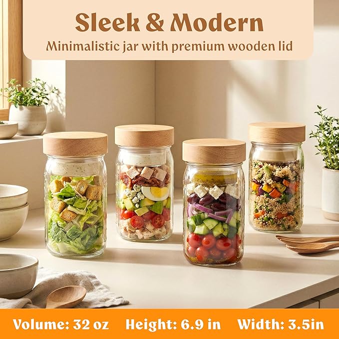 EDELHAUS 4 Pack Glass Salad Jars with Wooden Lids for Meal Prep, Leakproof Container with Two Small Built in Cups for Wet/Dry Separation for Salad Dressing and Ingredients, 32oz Mason Jars (Oak)