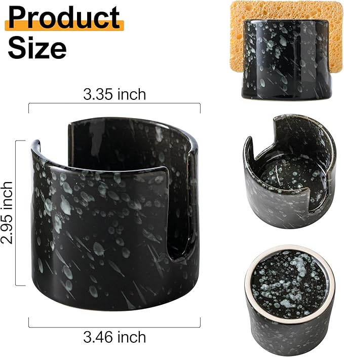 Zoeeker Sponge Holder for Kitchen, Ceramic Sink Caddy Scrub Sponge Rack Dish Rack Scrubbers Holder for Kitchen Sink, Bathroom, Black
