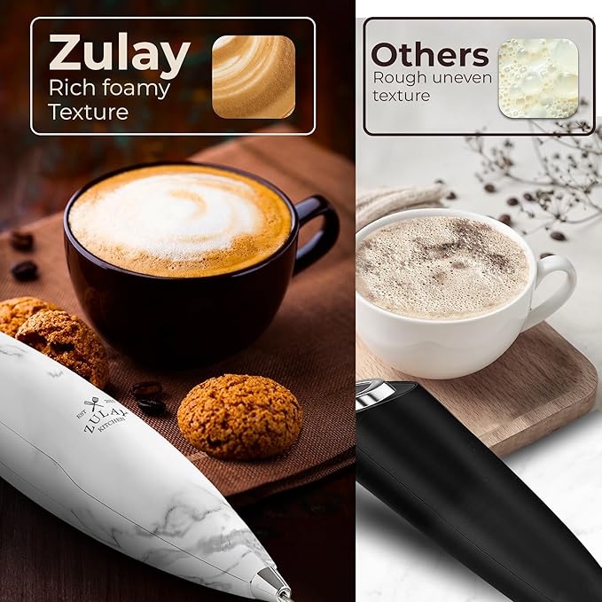 Zulay Kitchen Powerful Milk Frother Wand With Duracell Batteries - Ultra Fast Handheld Drink Mixer - Electric Whisk Foam Maker for Coffee, Lattes, Cappuccino & Matcha - Triple Whisk - Onyx Marble