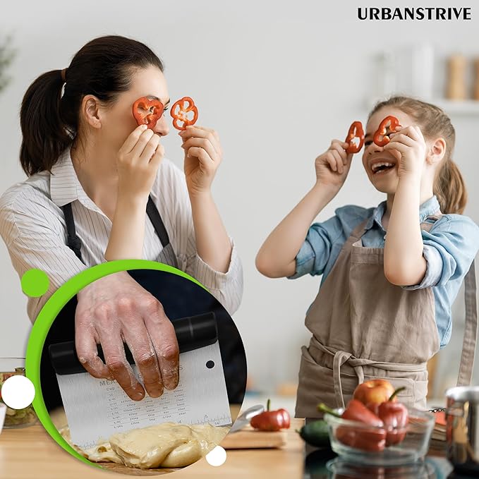 Urbanstrive Bench Scraper for Baking, Stainless Steel Dough Cutter and Scraper Tool Kitchen, Kitchen Scraper Food Scraper Tool Pizza Cutter Food Chopper, Multi-Purpose Kitchen Gadgets, Black