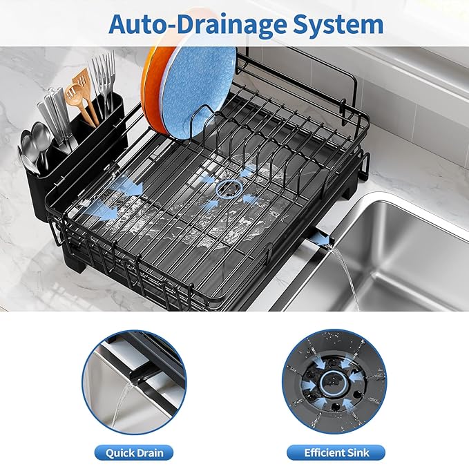 TOOLF Dish Drying Rack - Expandable Dish Rack, Large Capacity Dish Drainer for Kitchen Counter, Stainless Steel Dish Strainer with Cups Holder & Utensil Holder,Black