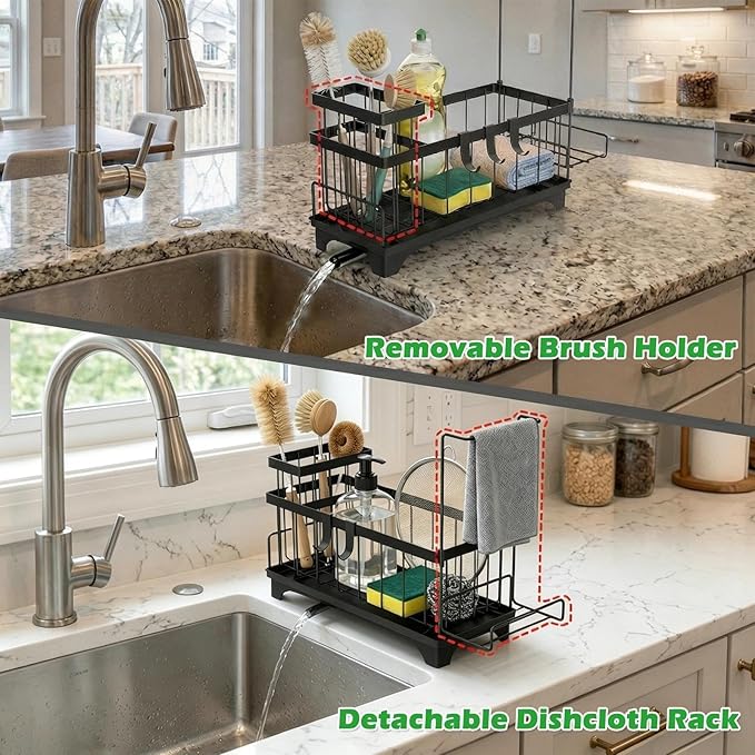 Sponge Holder for Kitchen Sink, Sink Caddy Organizer with Detachable Cloth & Brush Holder, Self-Draining Sponge Caddy Organizer with 360° Rotatable Spout, Kitchen Countertop Storage Accessories(Black)