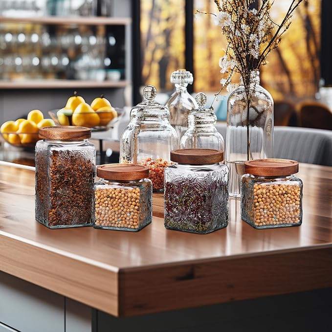 Suclain 5 Pcs Sunflower Vintage Glass Jars with Bamboo Airtight Lid 17/24/34 oz Glass Food Containers Storage for Kitchen Counter Pantry Sugar Flour Coffee Tea Candy Oats Cereal(Square)