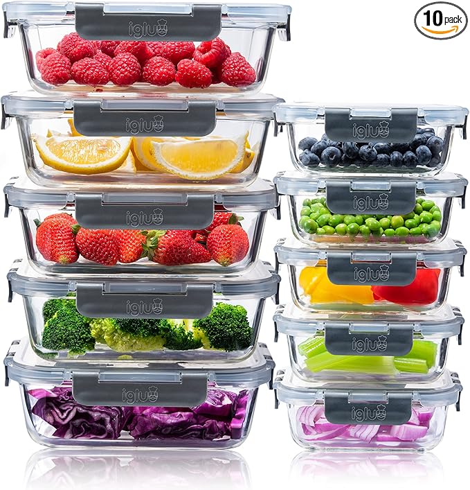 Igluu Meal Prep Glass Containers with Lids (10 Pack) – Airtight & BPA-Free – Oven, Microwave, Freezer & Dishwasher Safe – 12.5oz/35.5oz – Durable Borosilicate Glass