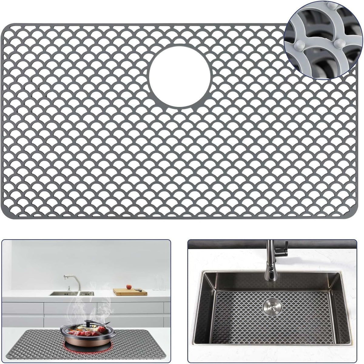 Silicone Sink Protector Mat for Kitchen Sink, 28"x15" Rear Drain