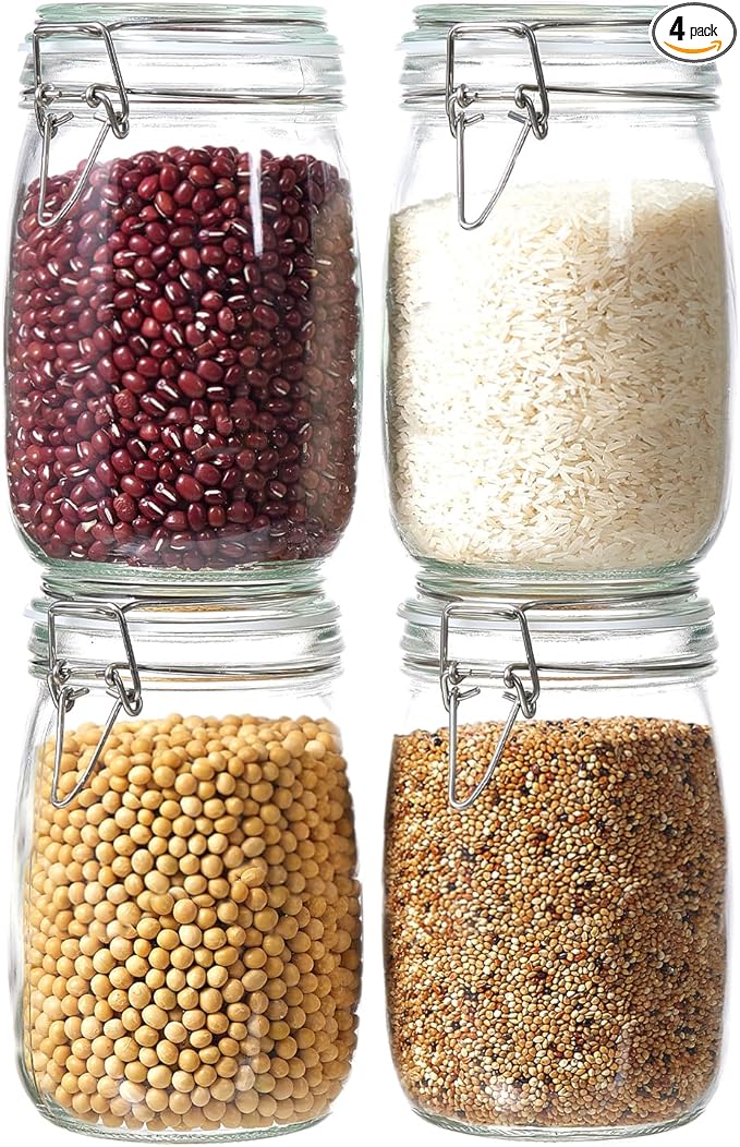 4 Pack 34oz Food Storage Jars with Airtight Lids, Preserving Seal Wire Clip Fastening Glass Containers, Canisters for Kitchen Organization, Flour, Cereal, Pasta, Sugar, Beans, Pickling Jars(34 Oz*4)
