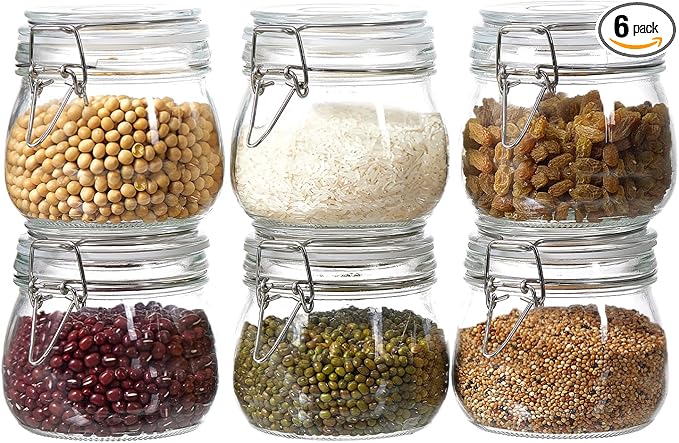 6 Pack 17oz Food Storage Jars with Airtight Lids, Preserving Seal Wire Clip Fastening Glass Containers, Canisters for Kitchen Organization, Flour, Cereal, Pasta, Sugar, Beans, Pickling Jars (17 Oz*6)