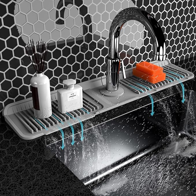 Folding sink splash guard behind faucet-faucet mat for kitchen sink-silicone kitchen faucet mat-faucet draining mat of sink accessories with button lock