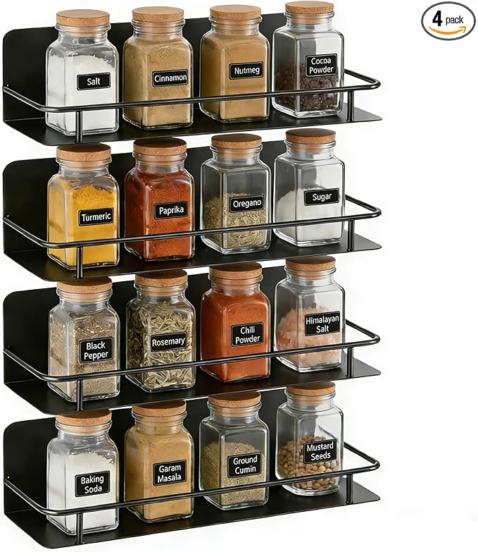 RECAPS Spice Rack Wall Mount 4 Pack, Space-Saving Spice Organizer, Adhesive Hanging Spice Rack, Seasoning Organizer for Wall Kitchen, Cabinet or Pantry Door, Black Metal