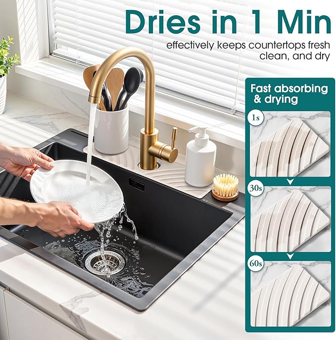 Quick Dry Stone Faucet Mat for Kitchen Sink - 15.8"x3.9" Natural Diatomite Stone Drying Mat for Kitchen Counter Bathroom Dish Dry Mat Auto Drainage Sink Protector (White)