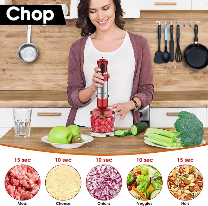 Blackcow Immersion Blender Handheld, Corded Hand Blenders Set 800W, 12 Speed Stick Blender 5 in 1 Stick Emulsifier with Chopper, Whisk and Frother for Soup, Baby Food and Smoothies, Red