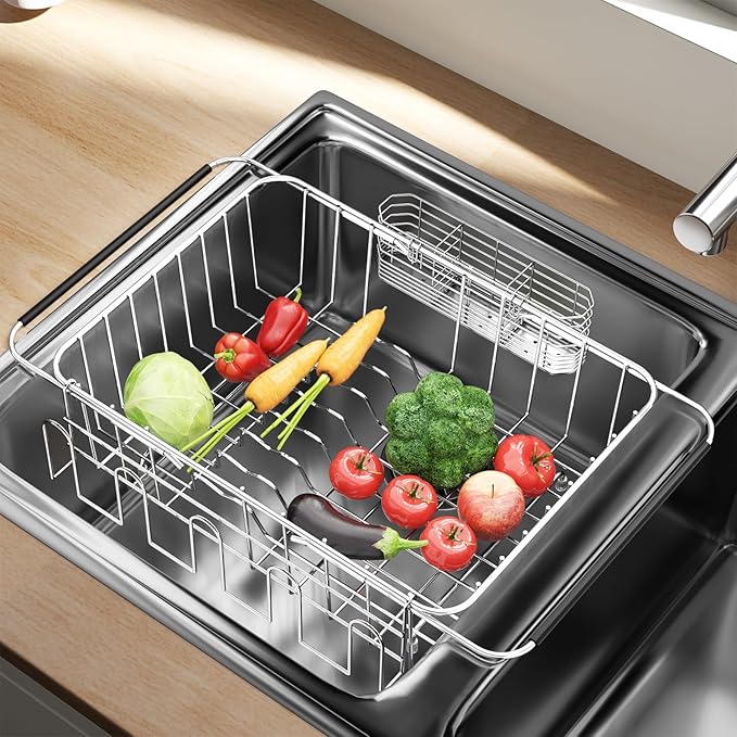 Fanbsy Dish Drying Rack in Sink, Extendable Stainless Steel Dish Drainers for Kitchen Counter, Anti-Rust Dish Dryer Rack with Utensil & Cup Holders, for Inside Sink, Over The Sink
