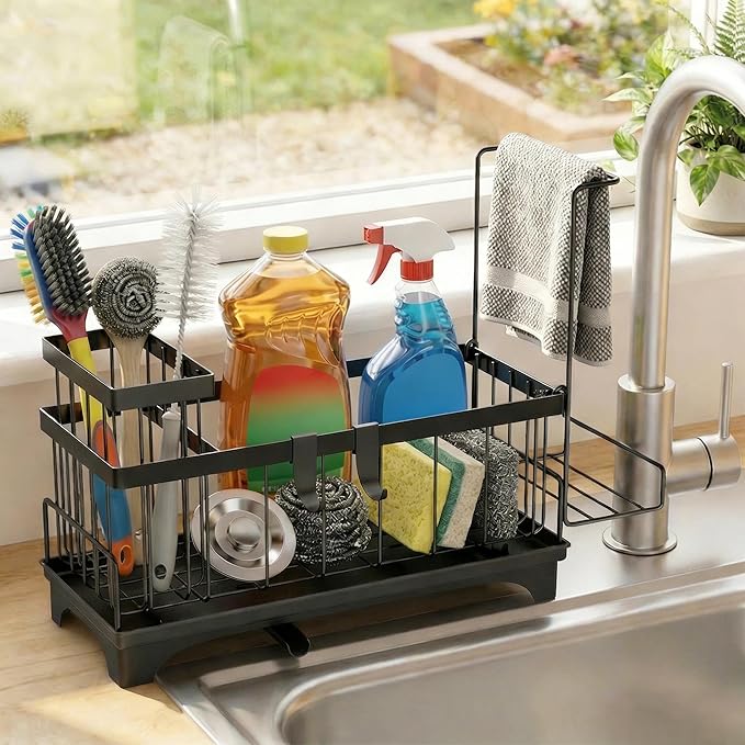 Sponge Holder for Kitchen Sink, Sink Caddy Organizer with Detachable Cloth & Brush Holder, Self-Draining Sponge Caddy Organizer with 360° Rotatable Spout, Kitchen Countertop Storage Accessories(Black)