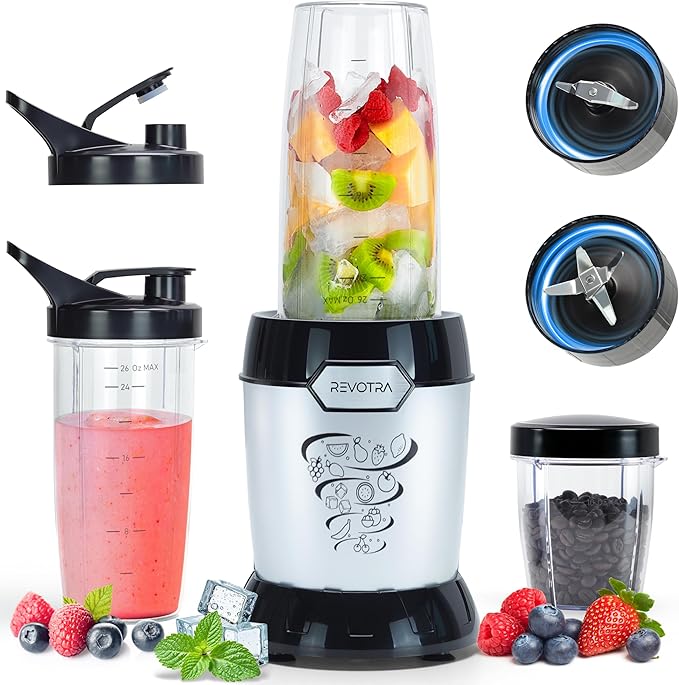 REVOTRA Blender for Smoothies, Personal Blender for Shake and Smoothies for Kitchen with 3 Portable Cups (2x24oz & 1X10oz), 4-Leaf Stainless Steel Blades, Perfect for Frozen Drinks, Ice Crushing