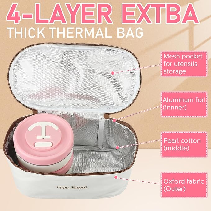 Dandat 4 Pcs Insulated Lunch Container, Portable Bento Box, Stainless Steel Lunch Box, Round Stackable Leakproof Thermal Food Container for Adult Men Women with Insulated Bag, 74 oz(Pink)