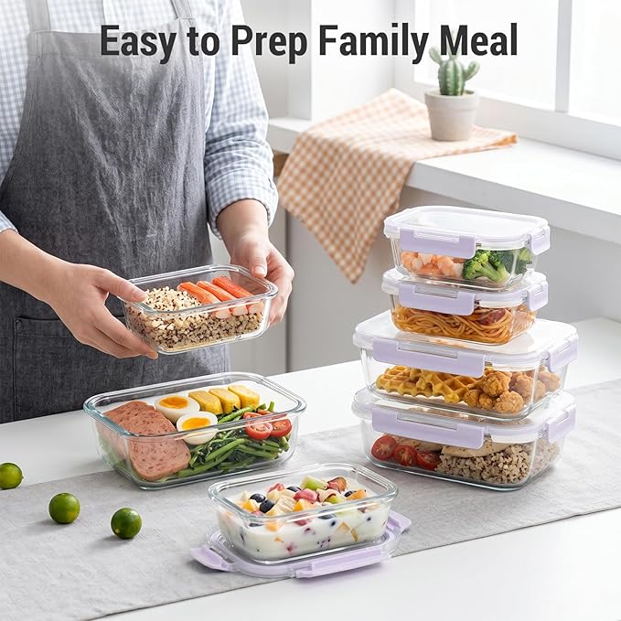 Dealusy 10 Sets (20-Piece) Glass Meal Prep Containers with Lids, Five 36 oz & Five 12 oz Airtight Leak-proof Glass Food Storage Containers with lids, Microwave Oven Freezer Dishwasher Safe, Purple