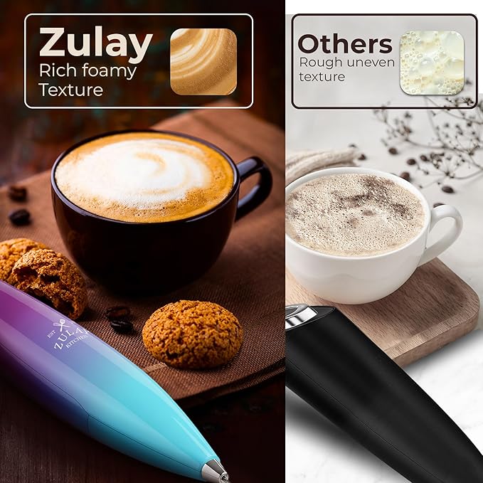 Zulay Kitchen Powerful Milk Frother Wand With Duracell Batteries - Ultra Fast Handheld Drink Mixer - Electric Whisk Foam Maker for Coffee, Lattes, Cappuccino & Matcha - Triple Whisk - Lunar Aurora