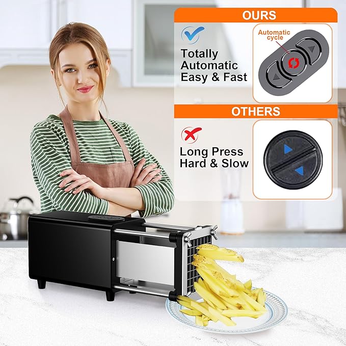 SIXRARI Electric French Fry Cutter, French Fries Cutter with 1/2 & 3/8 Inch Blade, Automatic Potato Cutter, Professional Commercial and Household Potato Slicer, Use for Cucumbers, Carrot, Apples