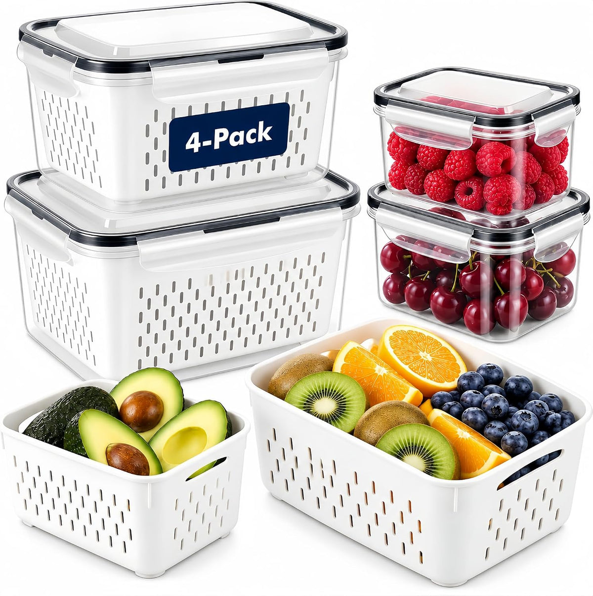 4 Pcs Large Fruit Storage Containers for Fridge Food Storage with Colanders