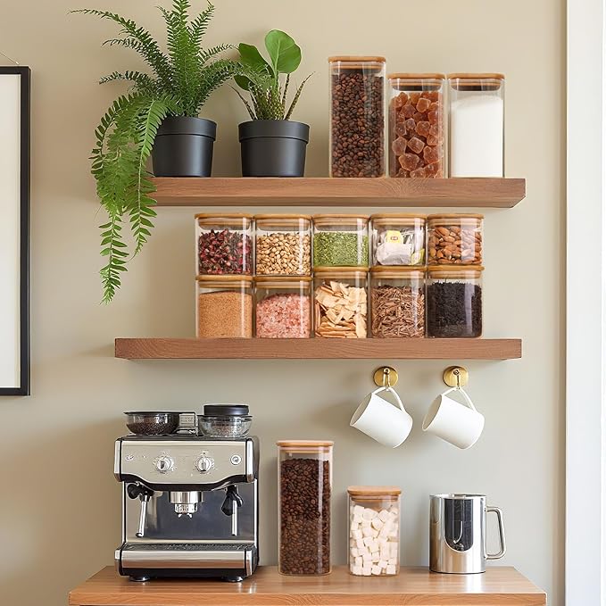 6-Pack Square Glass Pantry Storage Containers with Lids, Airtight Stackable Pantry Organization and Storage Set (1.9/1.2/0.6 Qt) for Snacks, Cereal & Coffee
