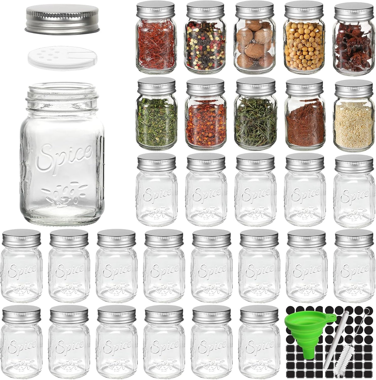 30 Pack 4oz Round Glass Spice Jars with Shaker Lids & Metal Caps