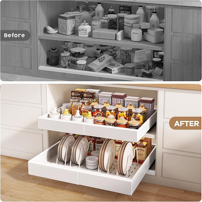Seinloes 2Pack Pull out Cabinet Organizer 21"Deep with 4 Adjustable Dividers,Expandable（12.1"-20.4"W） Pots and Pans Organizer Under Cabinet with Raising Pad for Framed Cabinets,Slide out Drawers,White