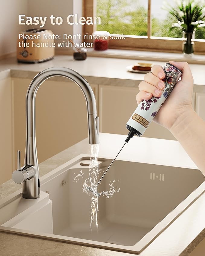 INFOOD Milk Frother Rechargeable with Cover - Coffee Frother Wand, Drink Mixer Handheld with 2 Detachable Stainless Whisks 2 Speed Adjustable for Latte, Cappuccino, Hot Chocolate, Egg, White Floral