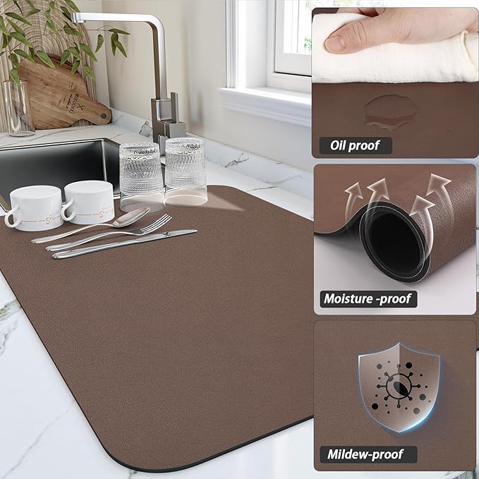 HotLive Dish Drying Mat for Kitchen Counter, Heat Resistant Drainer Mats with Non-slip Rubber Backed, Hide Stain Kitchen Super Absorbent Draining Mat, Easy to Clean Dish Rack Pad, Brown 16"x20"