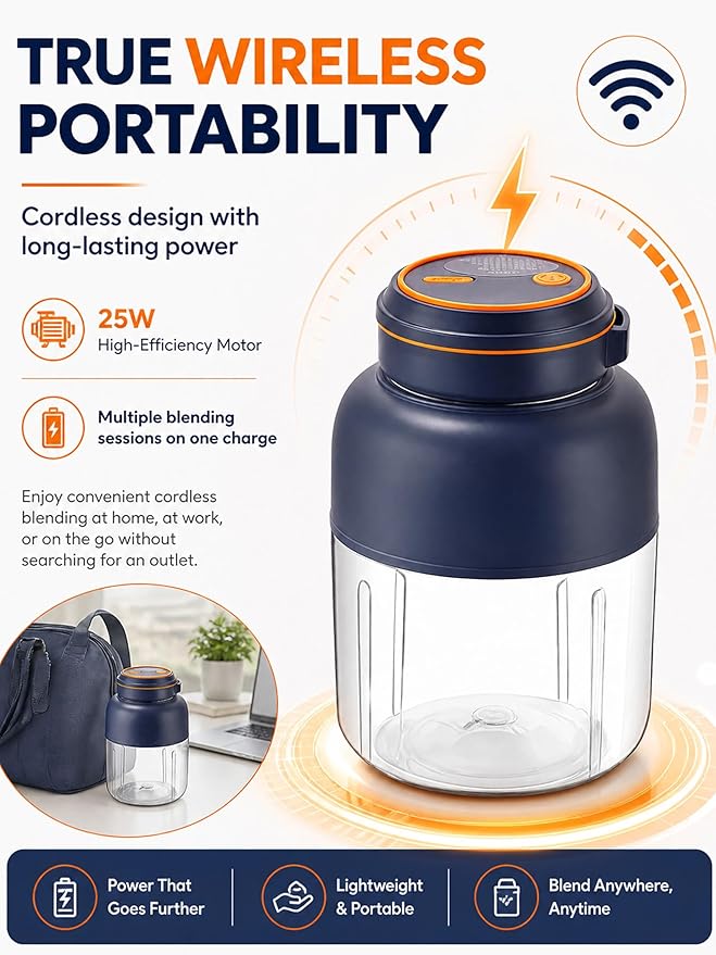 Wireless Juicer Cup, 2026 New 1300ml Portable Electric Juicer Cup, USB Rechargeable Electric Juicers Cups with Dual Lid, Portable Blender for Shakes & Smoothies with Zero Cord Hassle (A-800ml)