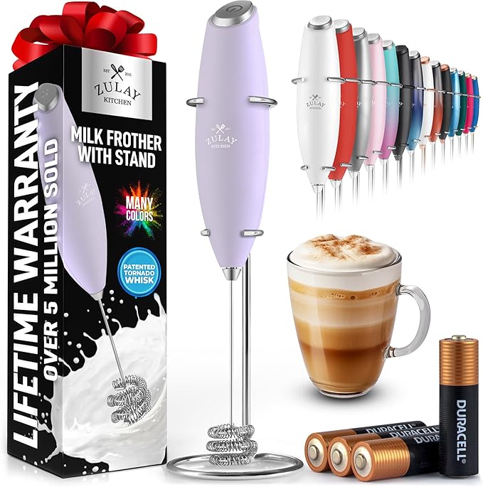 Zulay Kitchen Powerful Milk Frother Wand With Duracell Batteries - Ultra Fast Handheld Drink Mixer - Electric Whisk Foam Maker for Coffee, Lattes, Cappuccino & Matcha - Triple Whisk - Orchid Lilac