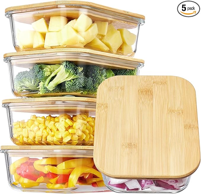 Vtopmart 5 Pack 35oz Glass Containers with Bamboo Lids, Meal Prep Food Storage Containers, BPA Free, Microwave & Dishwasher Safe