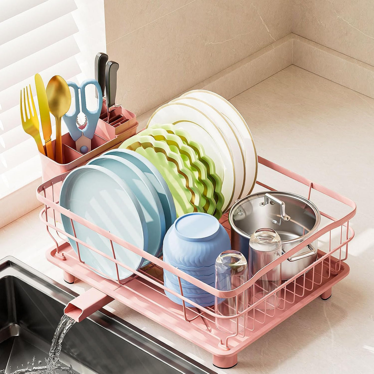 Auto Drain Metal Dish Drying Rack Dish Drainers, Pink