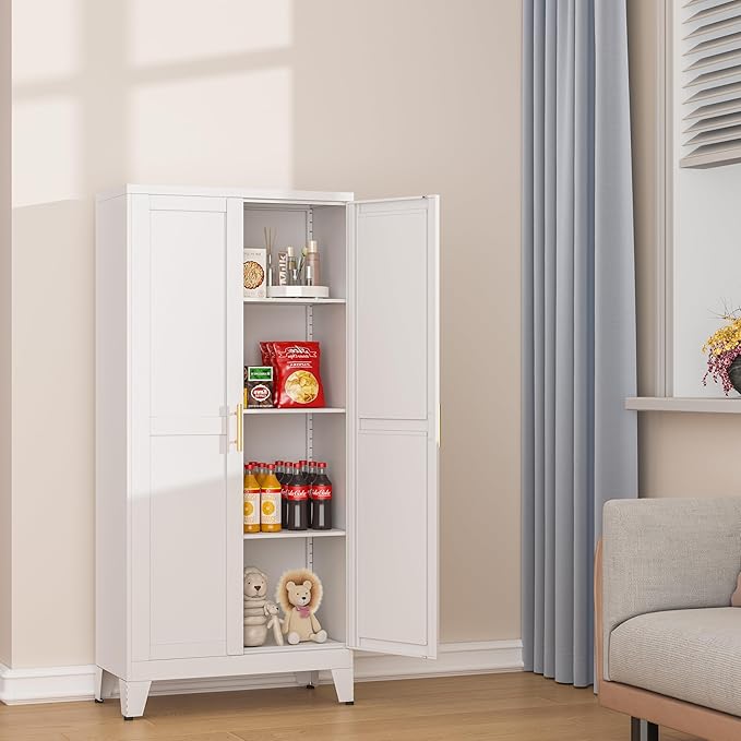 winiowa Metal Pantry Cabinet with 2 Doors and Adjustable Shelves, Kitchen Storage cabinets with Gold Handles, Versatile Storage for Laundry/Living Room,Bathroom,Dinning Room-White
