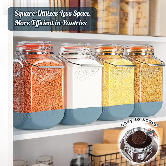 [NEW] 2 Pack Square 1.5 Gallon Glass Jar with Hinged Airtight Lid, Large Mason Jars Wide Mouth with Handle, Glass Storage Containers with Non-slip Base for Pantry, Laundry Room, Flour, Rice, Dog Treat