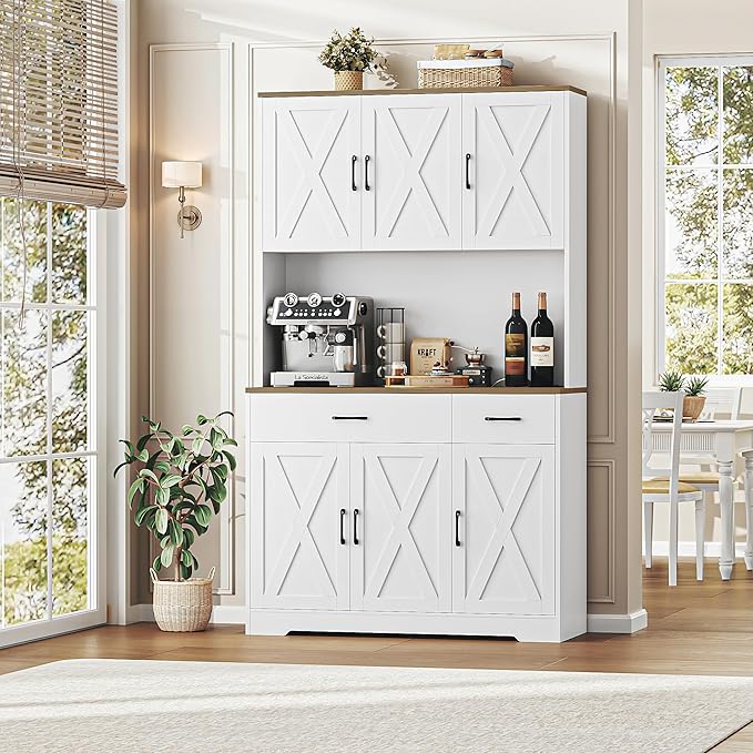 HOSTACK 71" Pantry Cabinet with Charging Station, Tall Kitchen Pantry Storage Cabinet with Microwave Stand, Farmhouse Kitchen Hutch with Storage Drawers for Living Room, Dining Room, White