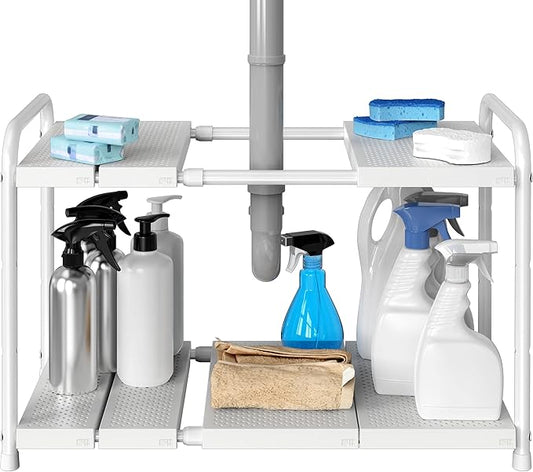 Simple Houseware Under Sink 2 Tier Expandable Heavy Duty Metal Shelf Organizer
