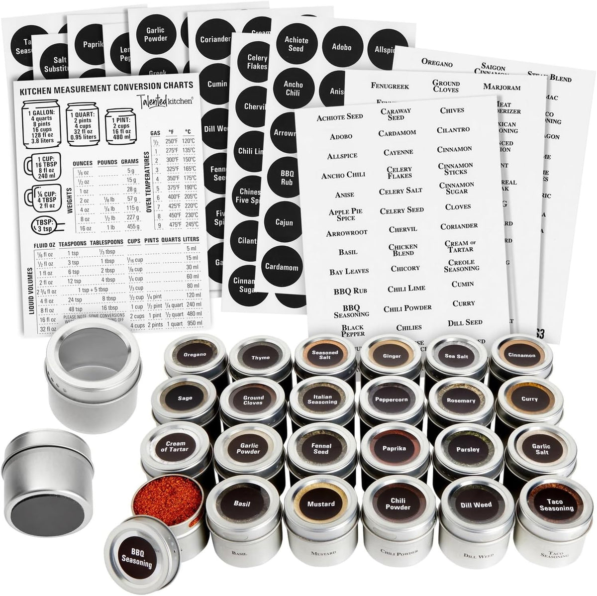 Magnetic Spice Jars - 3 oz, Stainless Steel, 24-Pack - Spice Tins with Sift & Pour Lids & Fridge Magnets for Kitchen Organization