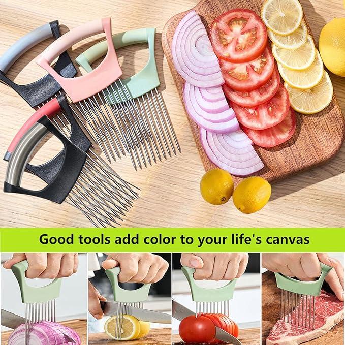 Upgraded Stainless Steel Lemon Slicer Onion Cutter, Onion Holder for Slicing, Vegetable Cutter Kitchen Chopper Slicing Assistant Tool for Potato and Tomato Avocados Eggs Meat (1, Black Red)