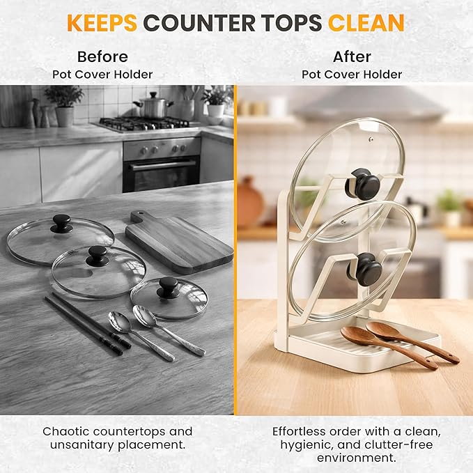 Pot Lid Holder with Removable Drip Tray, Multifunctional Double Layer Pot Lid Organizer for Countertop, Kitchen Pot Lid Storage Rack for Covers, Cutting Boards, Utensils (OFF-White)