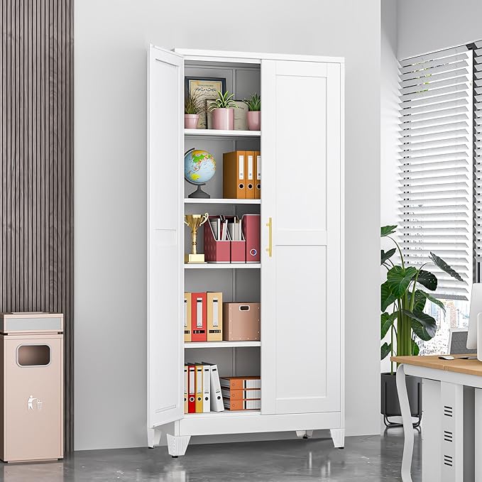 GAIOUS 71" Tall Metal Storage Cabinet with 2 Doors and 4 Adjustable Shelves, Kitchen Pantry Cabinet White Freestanding Cupboard, 5 Tier Multifunctional Steel Storage for Office, Kitchen, Dining Room
