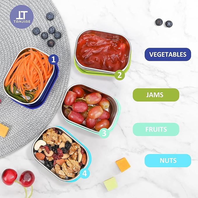 Tanjiae 4Pack 8oz Small (1 CUP) Stainless Steel Snack Containers for Kids | Reusable Easy Open Toddler Snack Containers with Silicone Lids | Stackable Toddler Lunch Box for Daycare, School and Travel