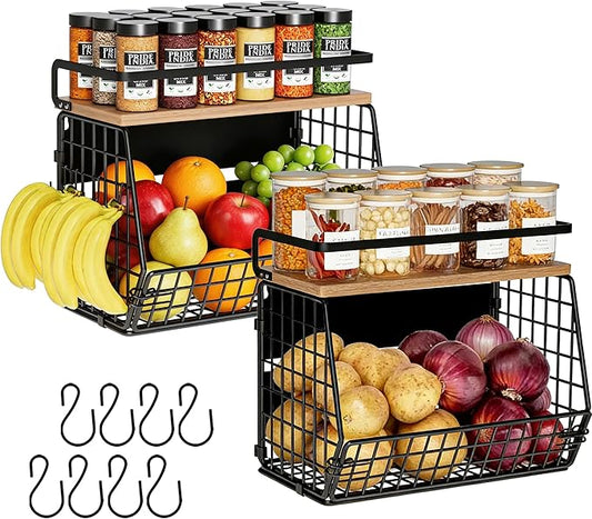 Fruit Basket 2 IN 1 Magnetic & Hanging Wall Produce Basket with Spice Rack
