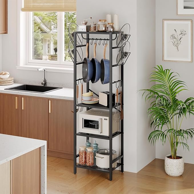 MAHANCRIS 4-Tier Pot Rack, Pots and Pans Organizer for Kitchen, Lid Organizer Rack with U-Shaped Lid Holders, Kitchen Storage Shelf for Standing Cookware, Black POBK3001