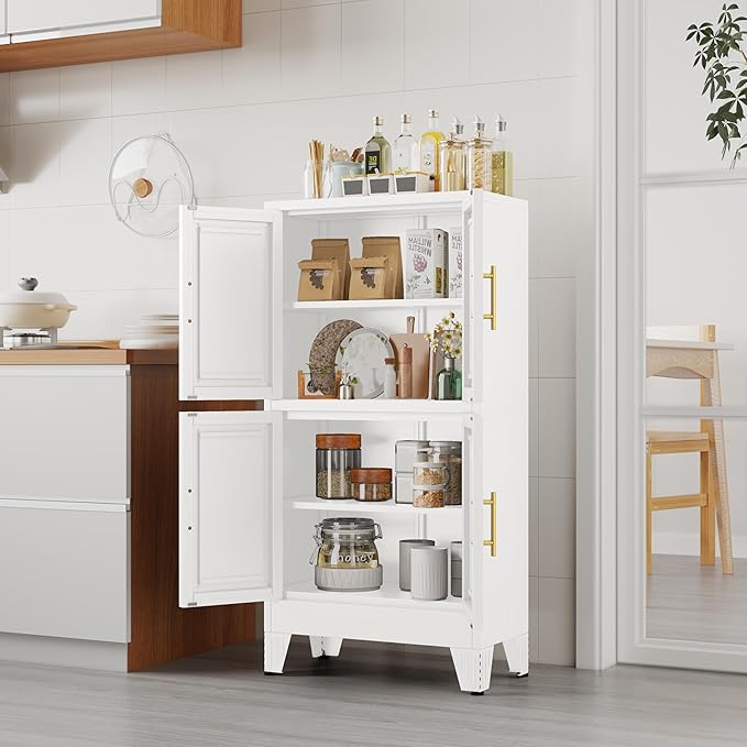 GAIOUS 47.25" Metal Pantry Cabinet, Storage Cabinets with 4 Door and 2 Adjustable Shelves, White Bathroom Cabinet, Freestanding Cupboard for Kitchen Dining Living Room Bathroom