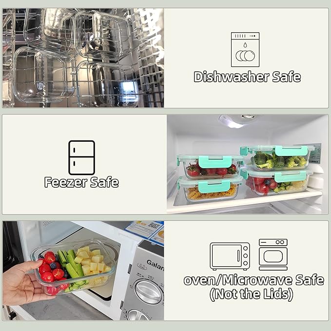 FAWLES 12 Pack Glass Storage Containers with Lids, Leak-Proof Meal Prep Containers, Dishwasher/Microwave/Oven/Freezer Safe Glass Food Storage Containers for Leftovers, to Go